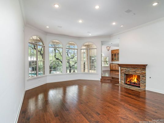 Empty room, Fireplace, Interior, Recessed Lighting, Wood Texture Flooring