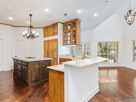 Chandelier, Interior, Kitchen, Pendant Lights, Recessed Lighting, Wood Texture Flooring