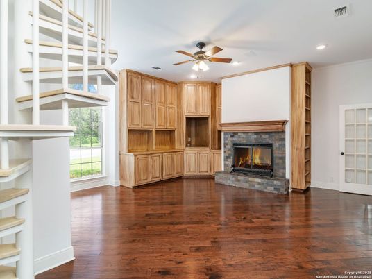 Empty room, Fireplace, Interior, Recessed Lighting, Wood Texture Flooring