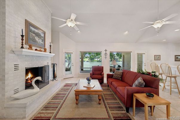 Fireplace, Interior, Living room, Recessed Lighting, Stone Walls, Water