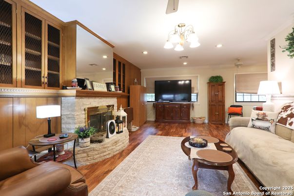 Fireplace, Interior, Living room, Recessed Lighting, Wood Texture Flooring
