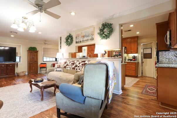 Interior, Kitchen, Living room, Recessed Lighting, Stainless Steel Appliances, Wood Texture Flooring