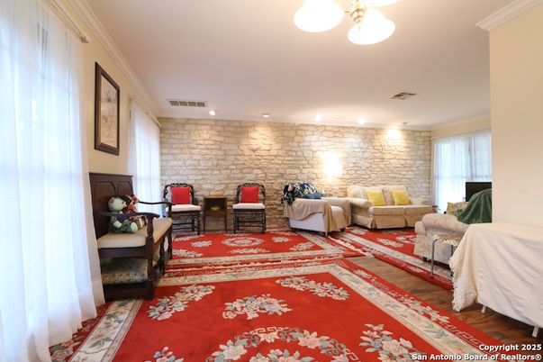 Interior, Living room, Recessed Lighting, Stone Walls, Wood Texture Flooring