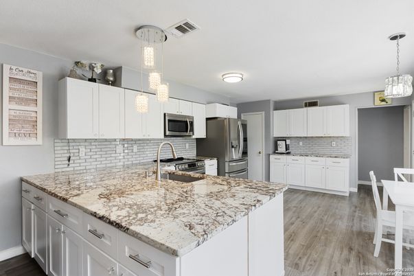 Interior, Kitchen, Pendant Lights, Stainless Steel Appliances, Wood Texture Flooring