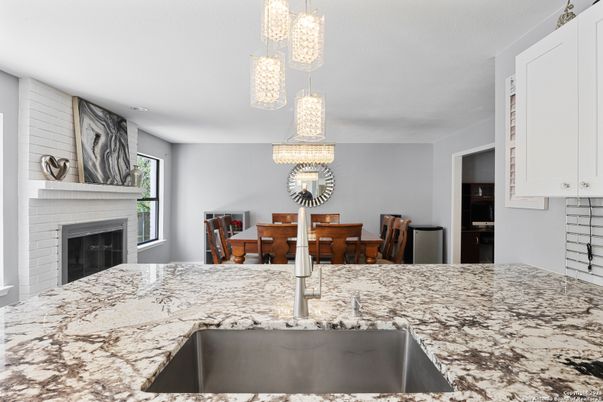 Dining room, Fireplace, Interior, Pendant Lights