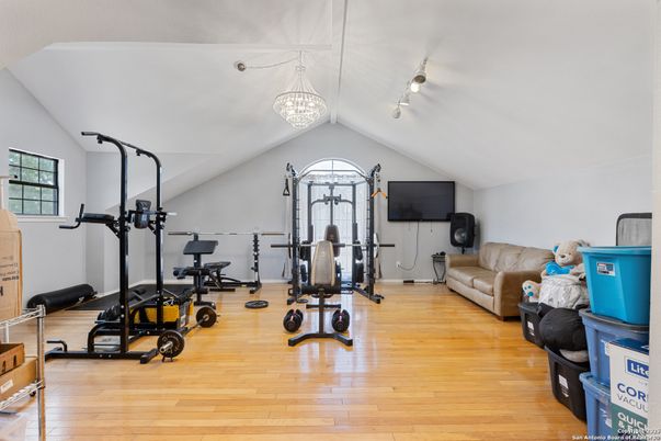 Chandelier, Fitness Equipment, Interior, Wood Texture Flooring