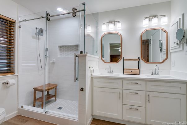 Bathroom, Dual Sink Vanities, Glass Shower, Interior, Wood Texture Flooring