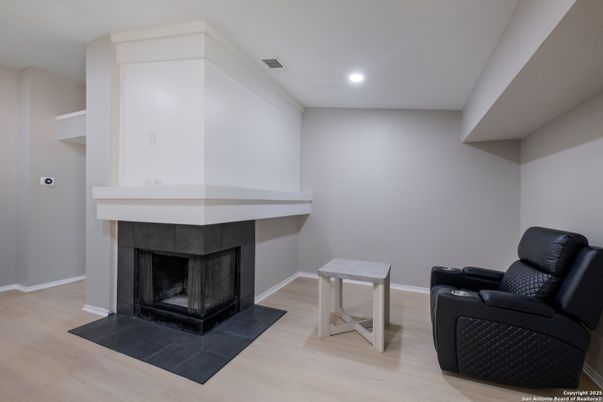 Fireplace, Interior, Recessed Lighting, Wood Texture Flooring