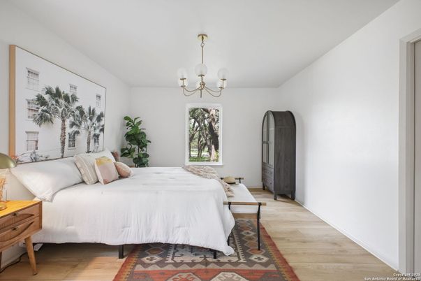 Bedroom, Chandelier, Interior, Wood Texture Flooring