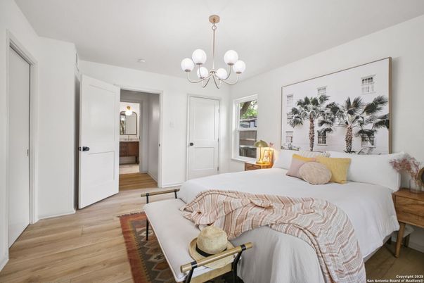 Bedroom, Chandelier, Interior, Wood Texture Flooring