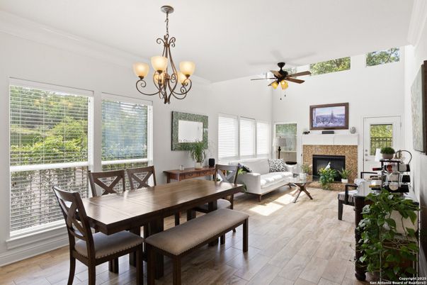 Chandelier, Dining room, Fireplace, Interior, Living room, Wood Texture Flooring