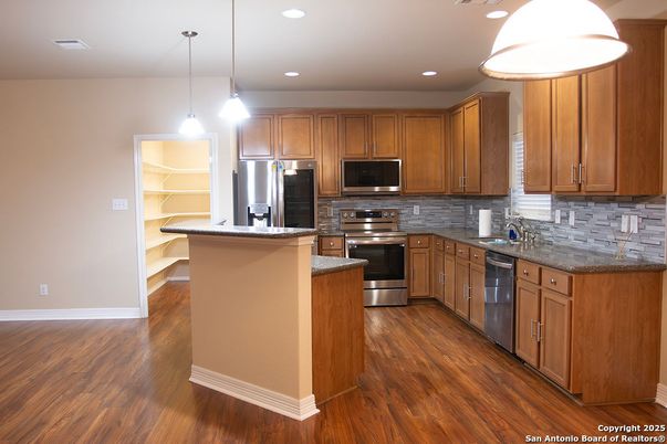 Interior, Kitchen, Pendant Lights, Recessed Lighting, Stainless Steel Appliances, Wood Texture Flooring