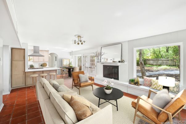 Dining room, Fireplace, Interior, Kitchen, Living room, Pendant Lights