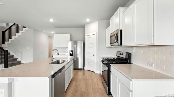 Interior, Kitchen, Recessed Lighting, Stainless Steel Appliances, Wood Texture Flooring