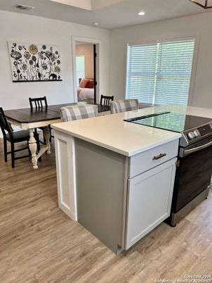 Dining room, Interior, Kitchen, Recessed Lighting, Wood Texture Flooring