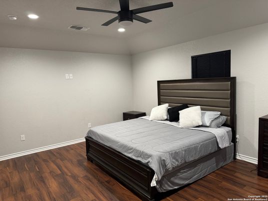 Bedroom, Interior, Recessed Lighting, Wood Texture Flooring