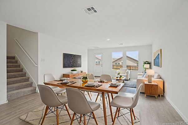 Dining room, Interior, Living room, Recessed Lighting, Wood Texture Flooring