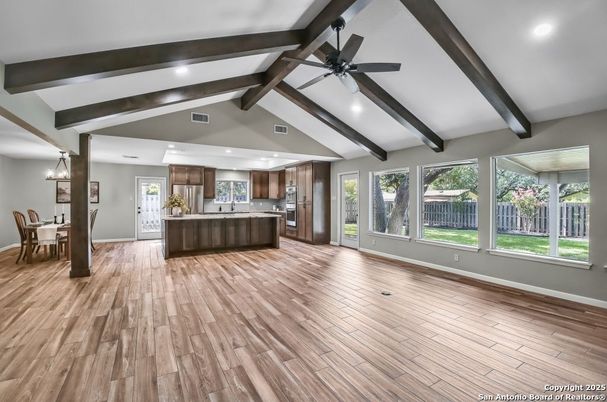 Dining room, Interior, Kitchen, Pendant Lights, Recessed Lighting, Stainless Steel Appliances, Wooden Beams, Wood Texture Flooring