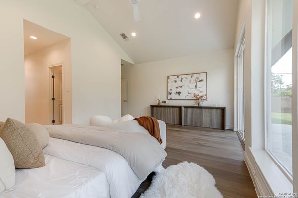 Bedroom, Interior, Recessed Lighting, Wood Texture Flooring