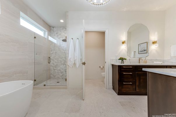 Bathroom, Free Standing Baths, Glass Shower, Interior, Recessed Lighting
