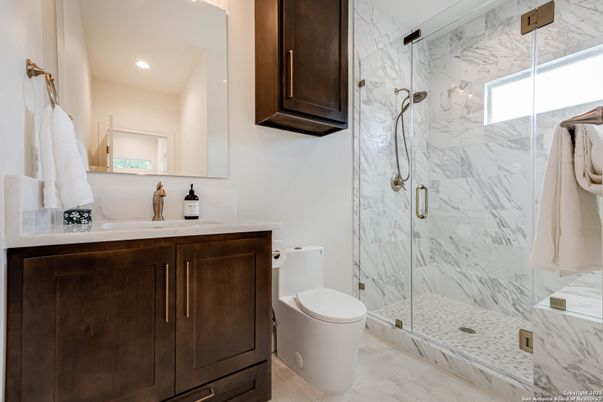 Bathroom, Glass Shower, Interior, Marble, Marble Walls, Recessed Lighting
