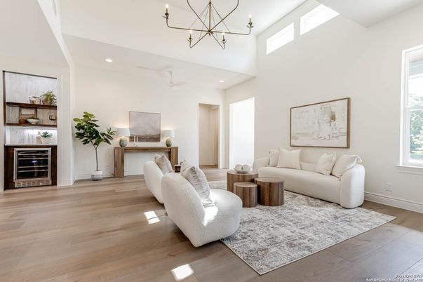 Chandelier, Interior, Living room, Recessed Lighting, Wood Texture Flooring