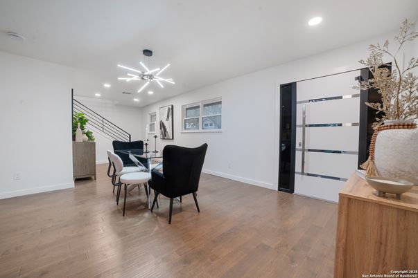 Dining room, Interior, Pendant Lights, Recessed Lighting, Wood Texture Flooring