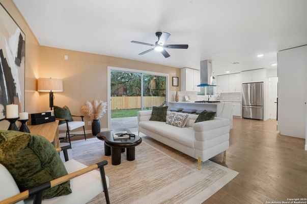 Interior, Kitchen, Living room, Recessed Lighting, Stainless Steel Appliances, Wood Texture Flooring