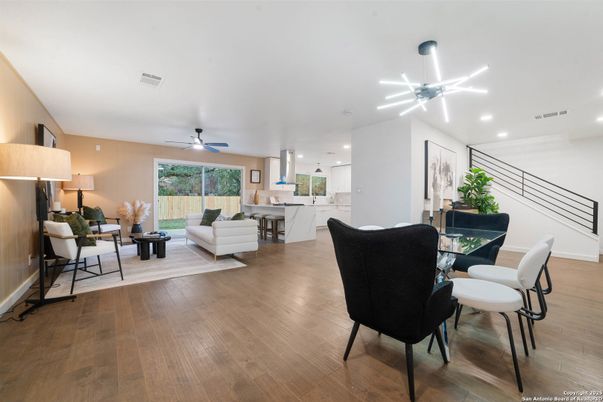 Dining room, Interior, Kitchen, Living room, Pendant Lights, Recessed Lighting, Wood Texture Flooring