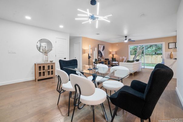 Dining room, Interior, Living room, Recessed Lighting, Wood Texture Flooring