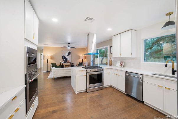 Interior, Kitchen, Recessed Lighting, Stainless Steel Appliances, Wood Texture Flooring