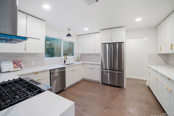 Interior, Kitchen, Pendant Lights, Recessed Lighting, Stainless Steel Appliances, Wood Texture Flooring