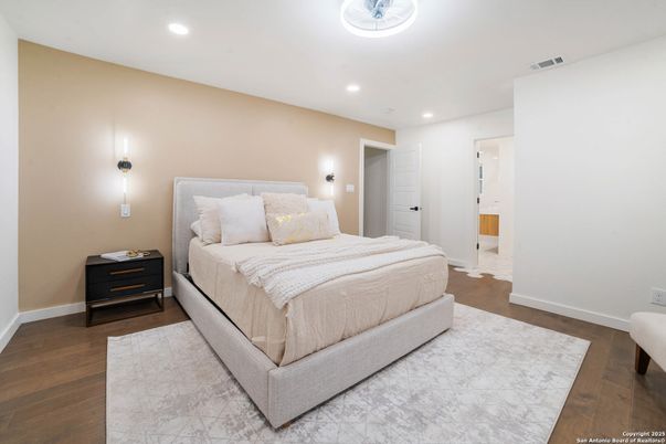 Bedroom, Interior, Recessed Lighting, Wood Texture Flooring