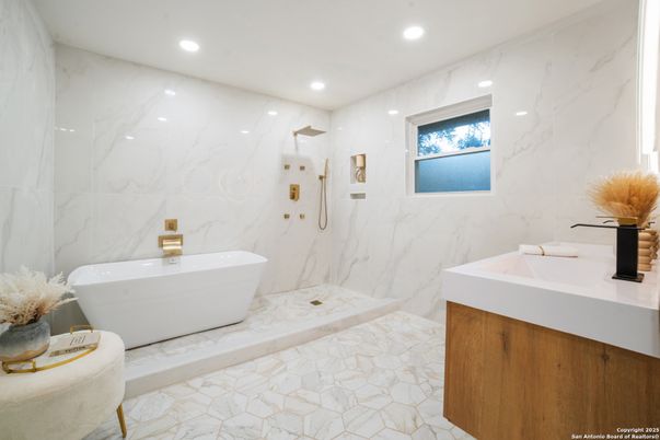 Bathroom, Dual Sink Vanities, Free Standing Baths, Interior, Marble, Marble Walls, Recessed Lighting