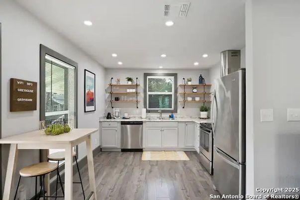 Interior, Kitchen, Recessed Lighting, Stainless Steel Appliances, Wood Texture Flooring