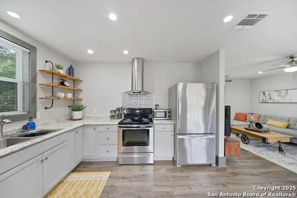 Interior, Kitchen, Living room, Recessed Lighting, Stainless Steel Appliances, Wood Texture Flooring