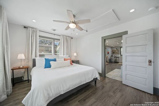 Bedroom, Interior, Recessed Lighting, Wood Texture Flooring