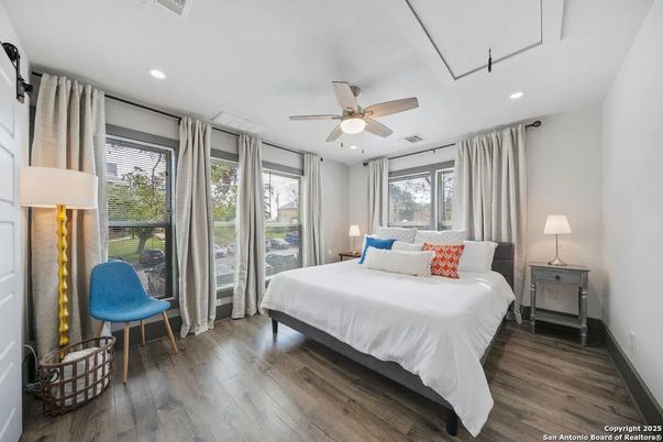 Bedroom, Interior, Recessed Lighting, Wood Texture Flooring