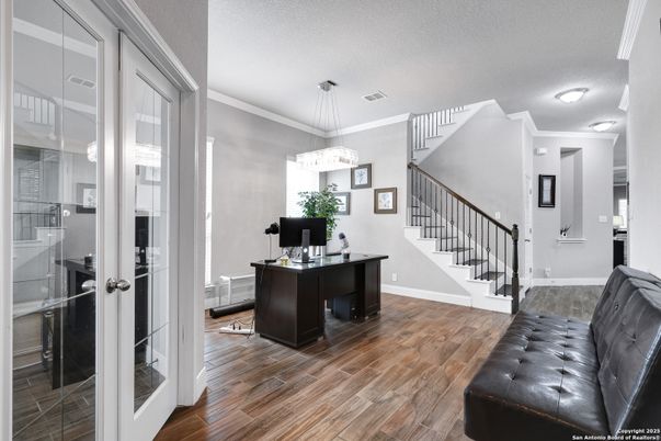Chandelier, Home Office, Interior, Wood Texture Flooring