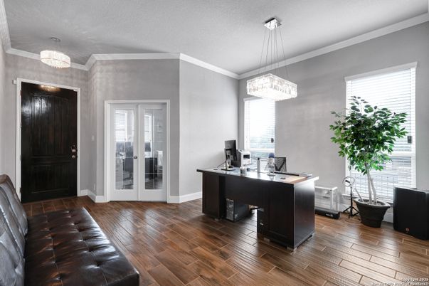 Chandelier, Home Office, Interior, Pendant Lights, Wood Texture Flooring