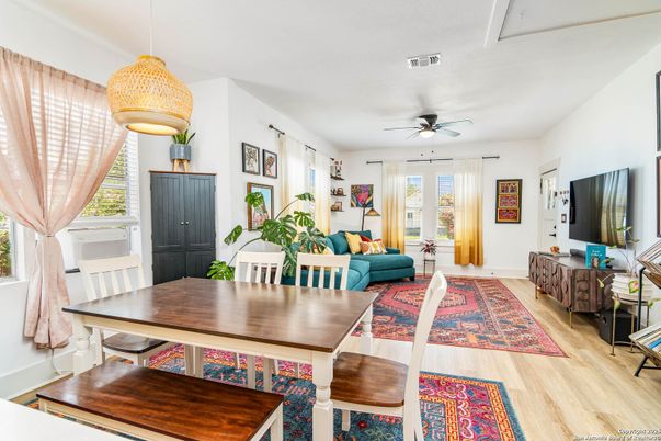 Dining room, Interior, Living room, Pendant Lights, Wood Texture Flooring