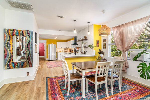 Dining room, Interior, Kitchen, Pendant Lights, Recessed Lighting, Stainless Steel Appliances, Wood Texture Flooring