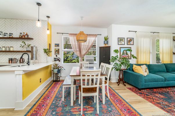 Dining room, Interior, Kitchen, Pendant Lights, Wood Texture Flooring