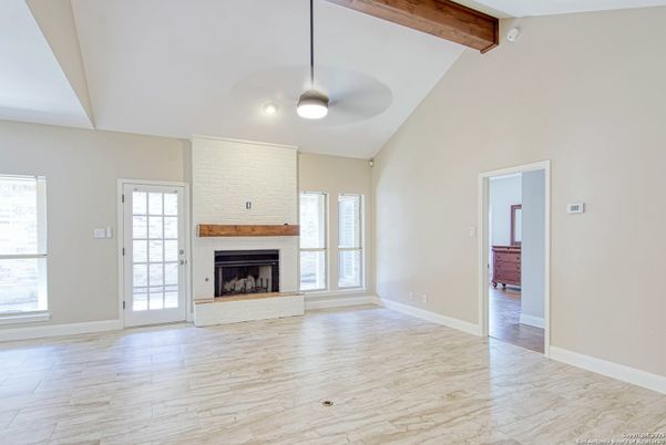 Empty room, Fireplace, Interior, Wooden Beams, Wood Texture Flooring