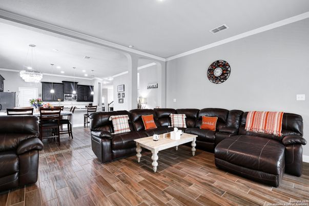 Chandelier, Dining room, Interior, Kitchen, Living room, Pendant Lights, Recessed Lighting, Wood Texture Flooring