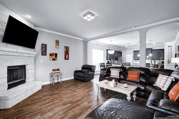 Dining room, Fireplace, Interior, Kitchen, Living room, Pendant Lights, Recessed Lighting, Stone Walls, Wood Texture Flooring