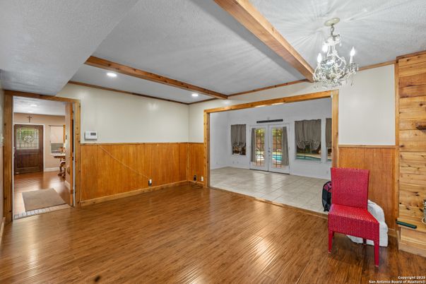 Chandelier, Empty room, Interior, Recessed Lighting, Wooden Beams, Wood Texture Flooring, Wooden Walls