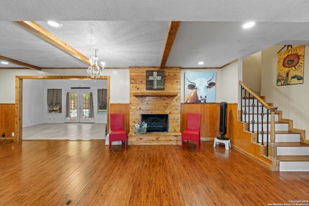 Chandelier, Fireplace, Interior, Recessed Lighting, Wooden Beams, Wood Texture Flooring, Wooden Walls