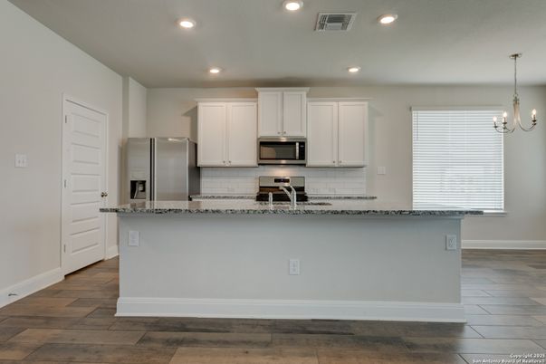 Chandelier, Interior, Kitchen, Recessed Lighting, Stainless Steel Appliances, Wood Texture Flooring