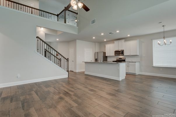 Chandelier, Interior, Kitchen, Pendant Lights, Recessed Lighting, Stainless Steel Appliances, Wood Texture Flooring